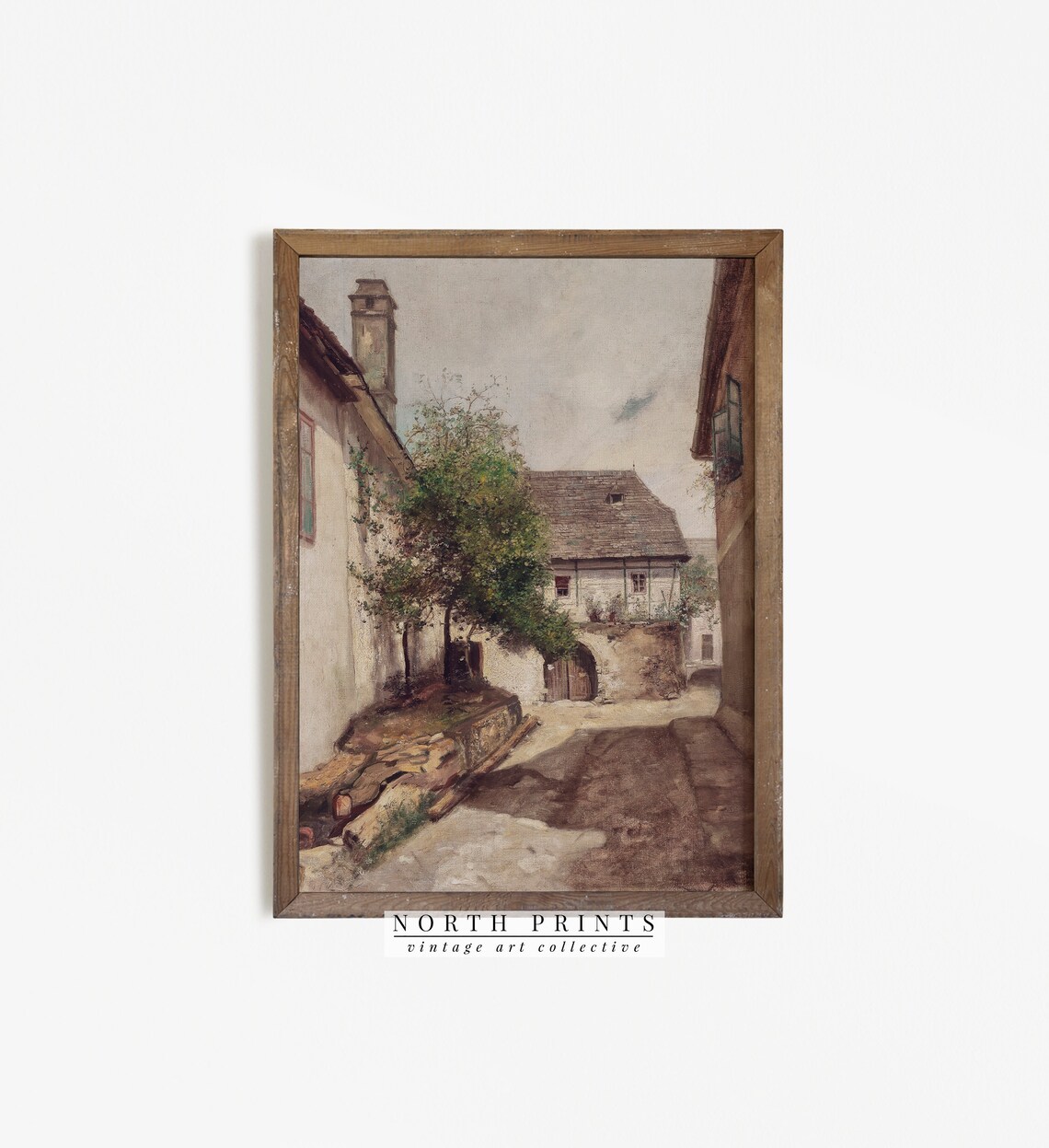 Old European Courtyard Stone Houses Vintage Village Painting Poster