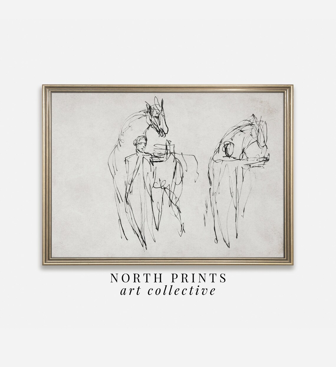 Minimalist Ink Horse Rider Line Sketch Antique Equestrian Study Poster - Image 2