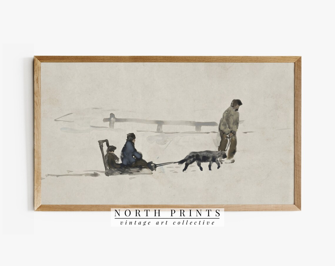 Minimalist Winter Sketch Dog Sled Children Snow Neutral Art Poster