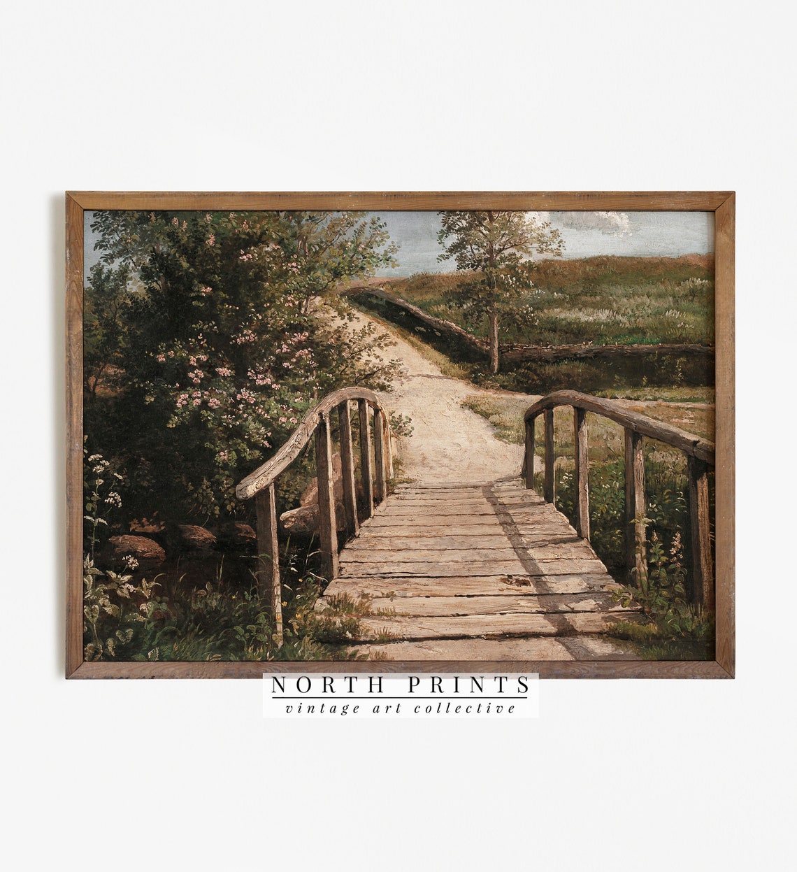 Bridge Landscape Scene Painting Vintage Farmhouse Wall Decor Art 545