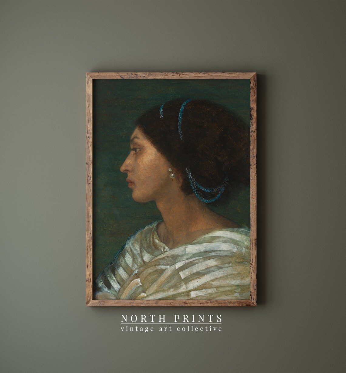 Vintage Female Portrait Profile Blue Beads Antique Oil Painting Print - Image 4