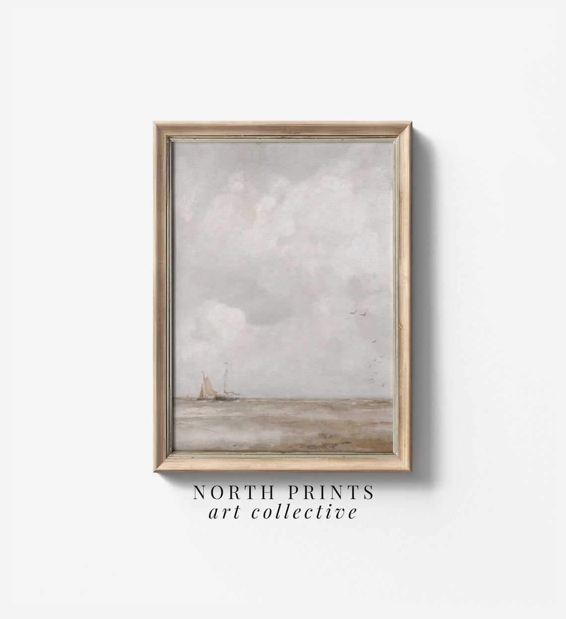 Minimalist Neutral Seascape Sailboat Gray Coastal Vintage Painting Poster