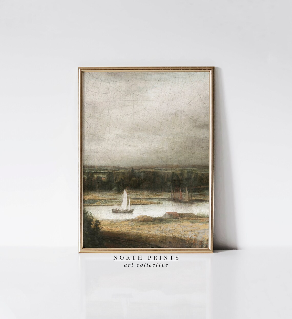 Moody Vintage Sailboat Lake Landscape Dark Oil Painting Poster - Image 2