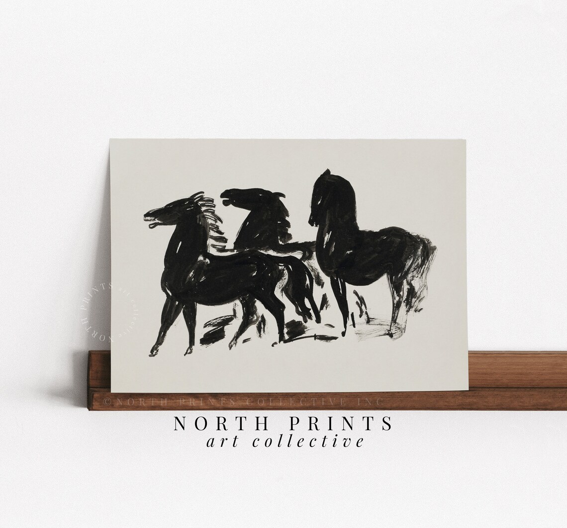 Vintage Horses Antique Etching, Neutral Art Print