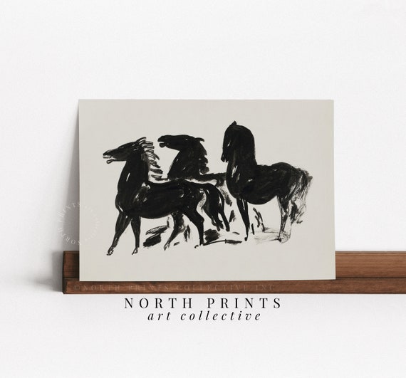 Vintage Horses Antique Etching, Neutral Art Print