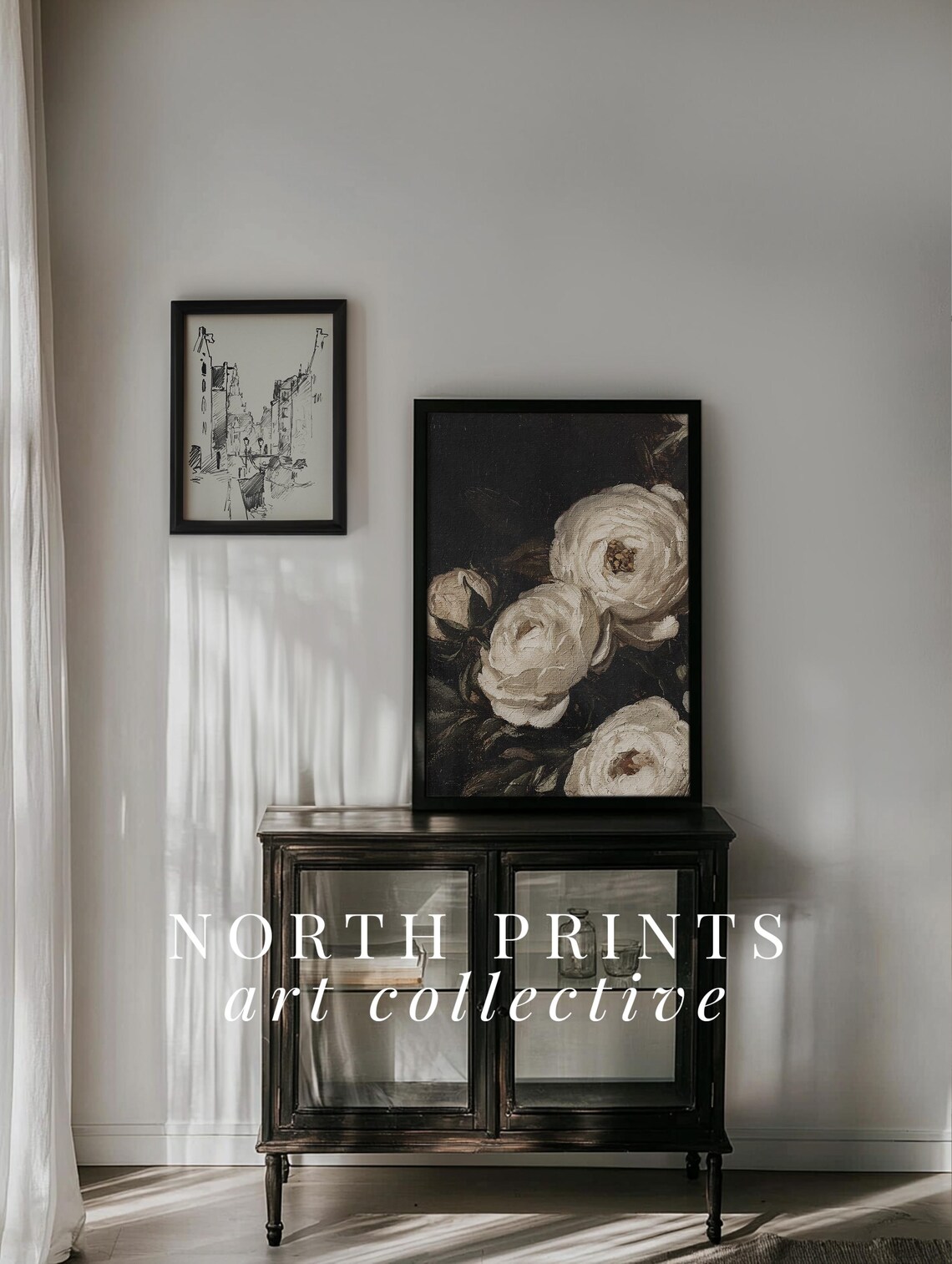 Peony Botanical Floral Art Print, Moody Dark Decor - Image 3