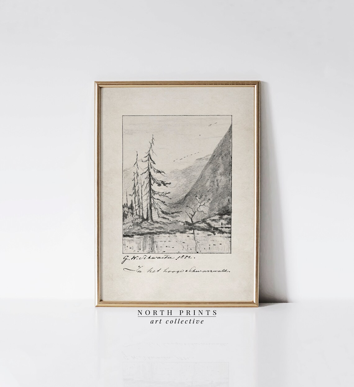 Antique 1872 Mountain Lake Tall Pine Trees Sketch Vintage Art Poster - Image 2