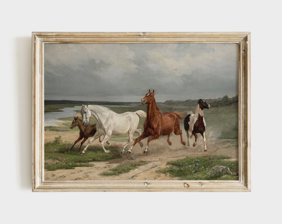 Vintage Western Oil Painting Wild Horses Art Print - Image 3