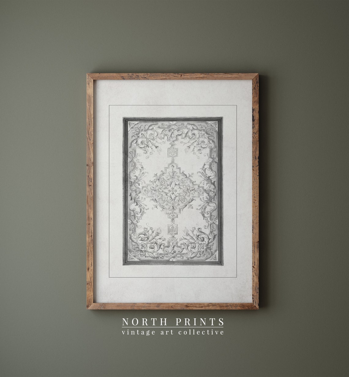Baroque Scrollwork Ornament Antique Black White Panel Drawing Print - Image 3
