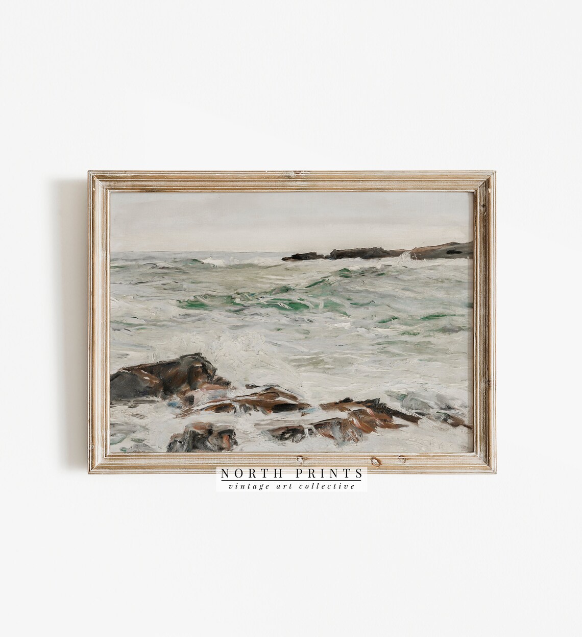 Muted Green Ocean Waves Rocky Shore Seascape Painting Poster - Image 2
