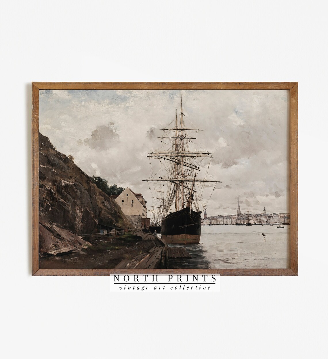 Vintage Nautical Ship Art Print, Moody Harbor
