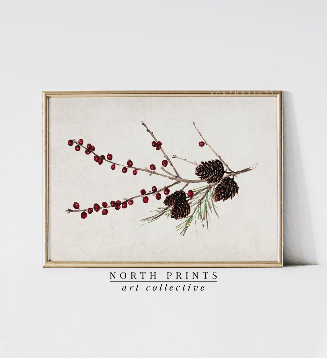 Botanical Winter Berry Branch Art Print, Rustic Holiday - Image 2