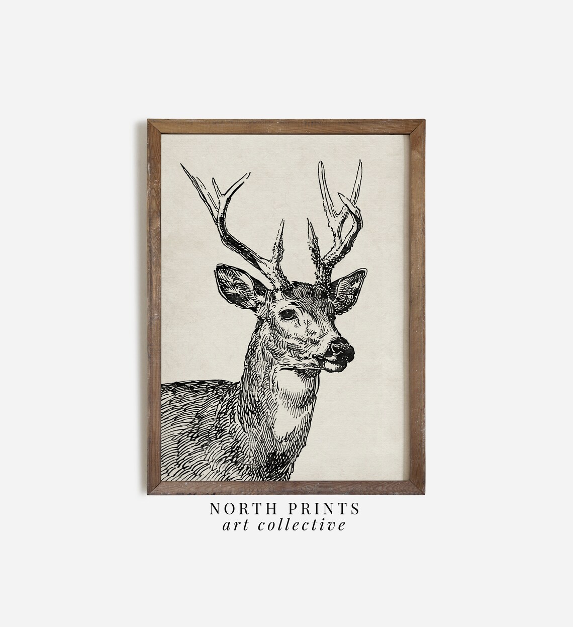 Neutral Rustic Deer Sketch Art Print, Minimalist Winter