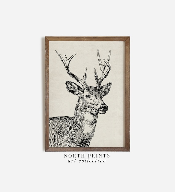 Neutral Rustic Deer Sketch Art Print, Minimalist Winter