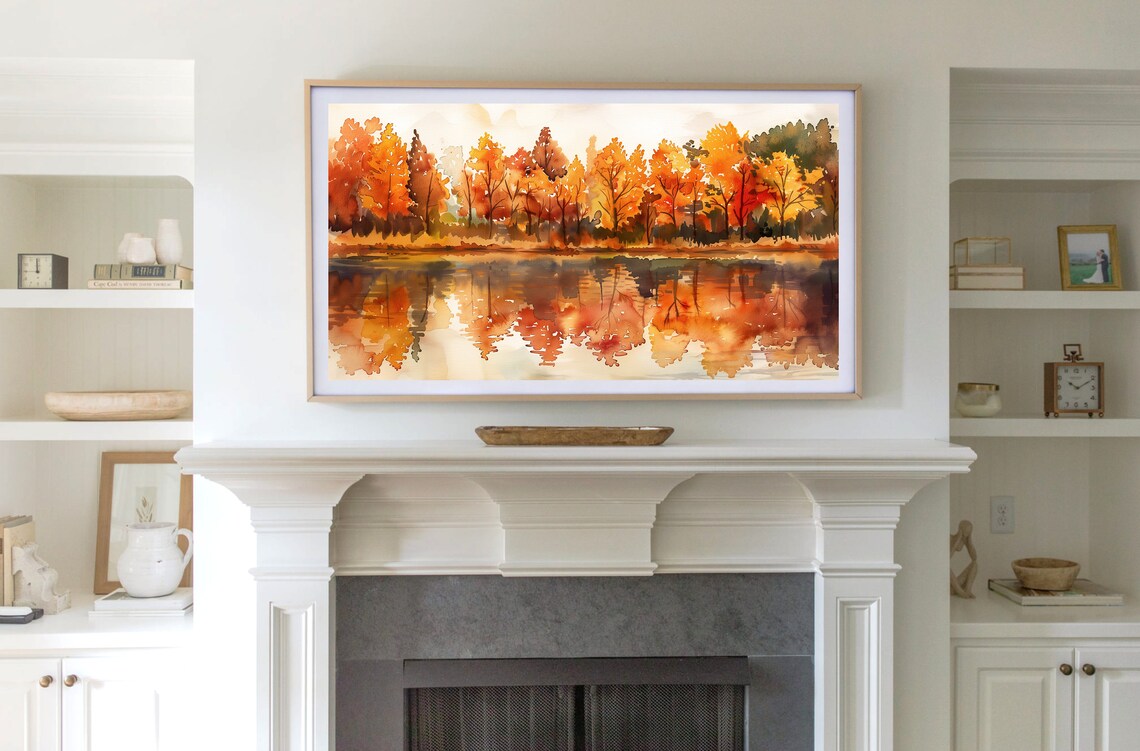 Autumn Lake Watercolor Fall Leaves Art Print - Image 2
