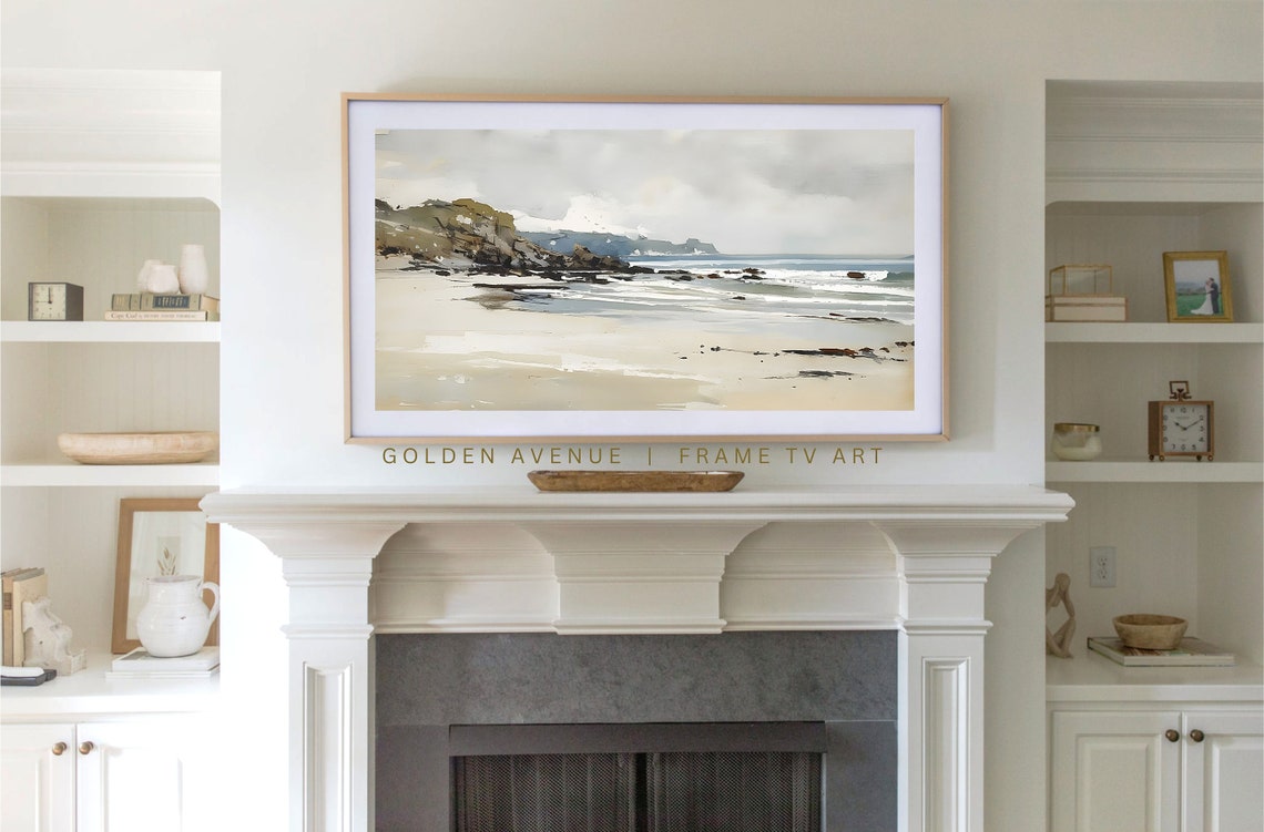 Soft Neutral Beach With Cliffs And Distant Headland Coastal Wall Art - Image 2