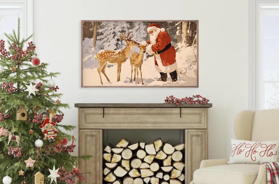 Vintage Santa Claus Feeding Deer Snowy Forest Christmas Scene Poster - Image 2