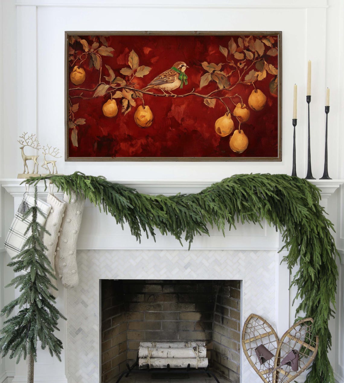 Partridge in Pear Tree Bird Botanical Moody Red Christmas Poster - Image 3