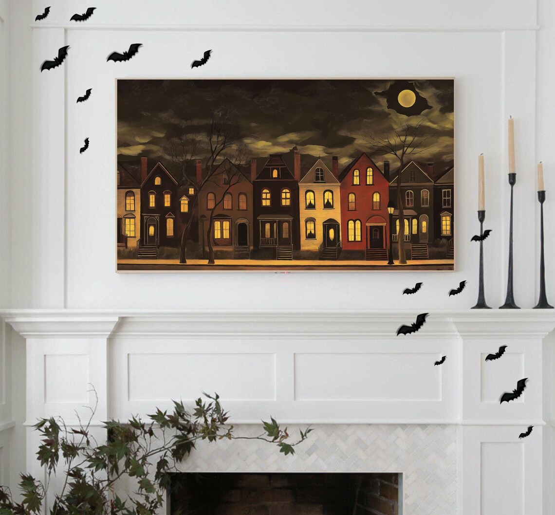 Spooky Night Townhouses Glowing Windows Full Moon Halloween Poster - Image 3