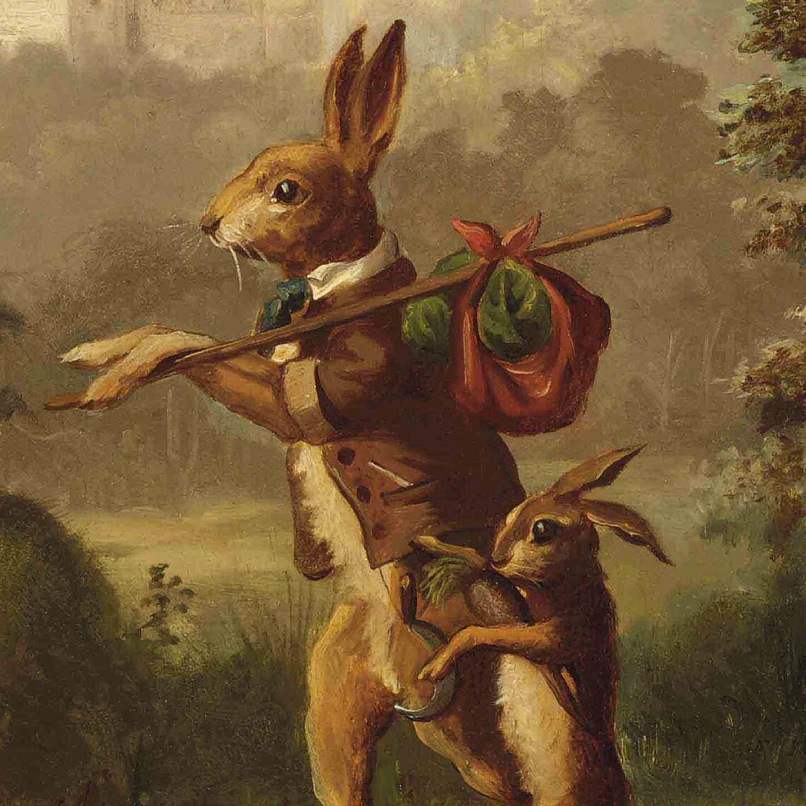 Vintage Rabbit Family Oil Painting Hare With Walking Stick Art Poster - Image 4