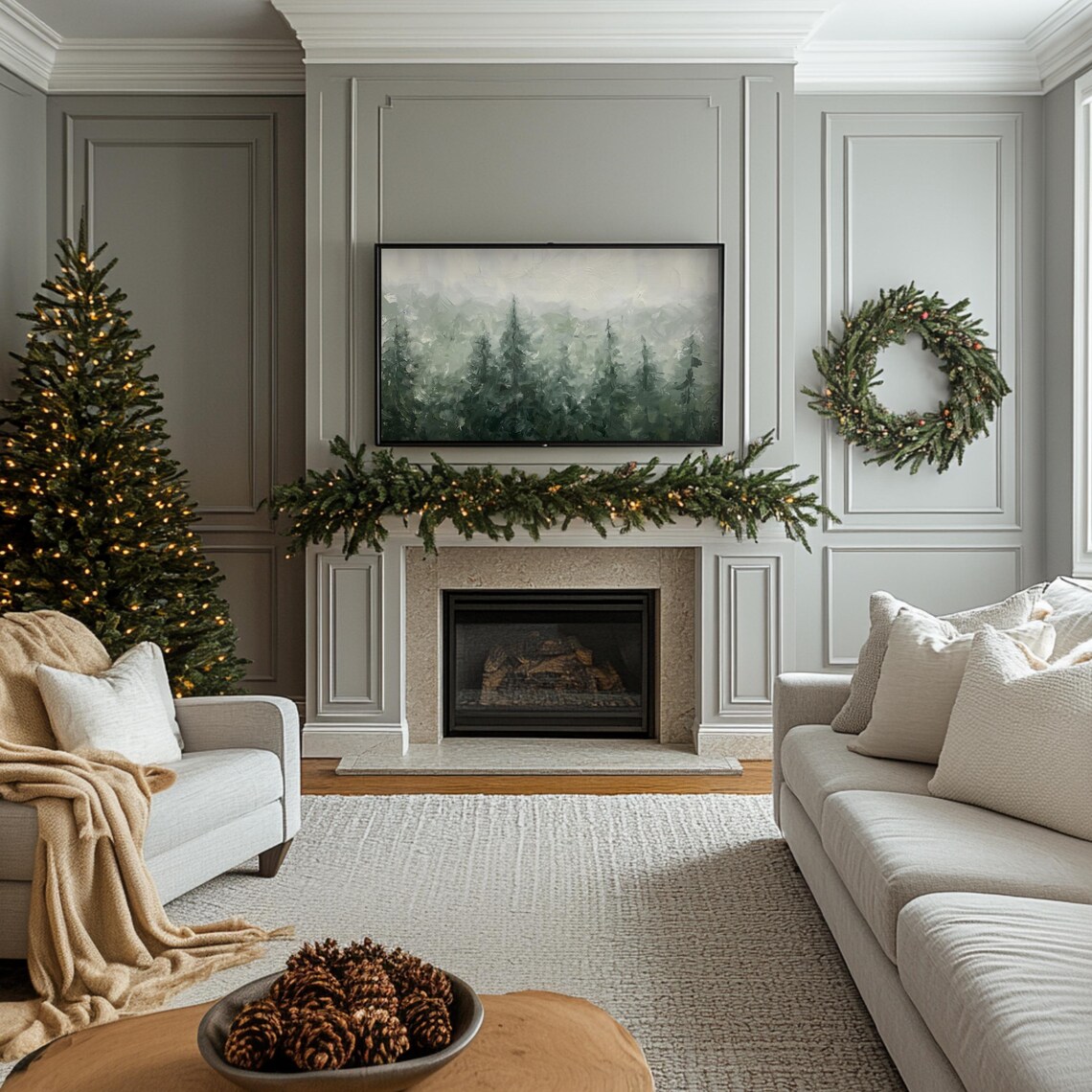 Winter Pine Tree Painting, Minimalist Rustic Landscape - Image 2