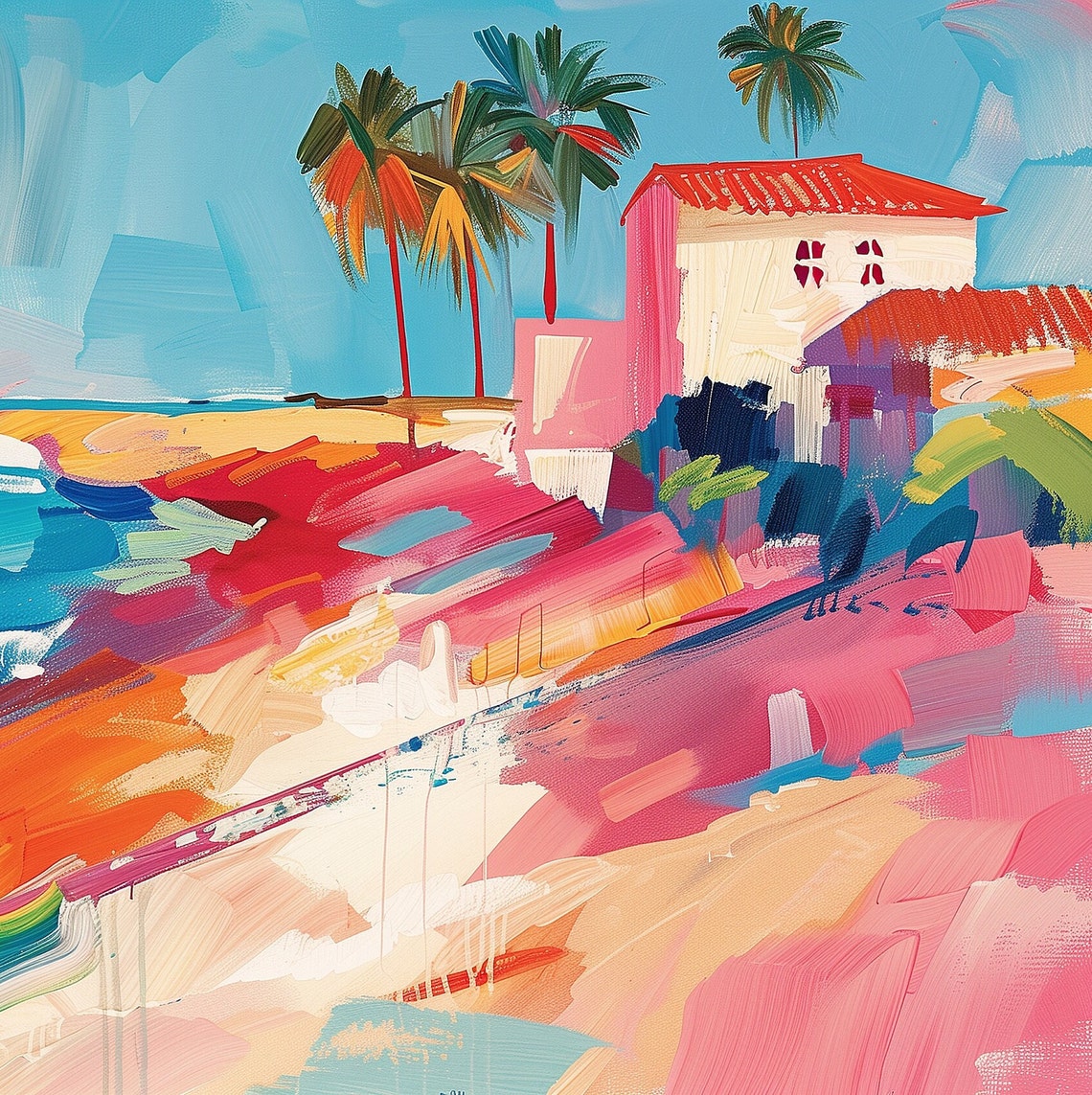 Tropical Beach House Palm Trees Colorful Textured Seascape Poster - Image 3