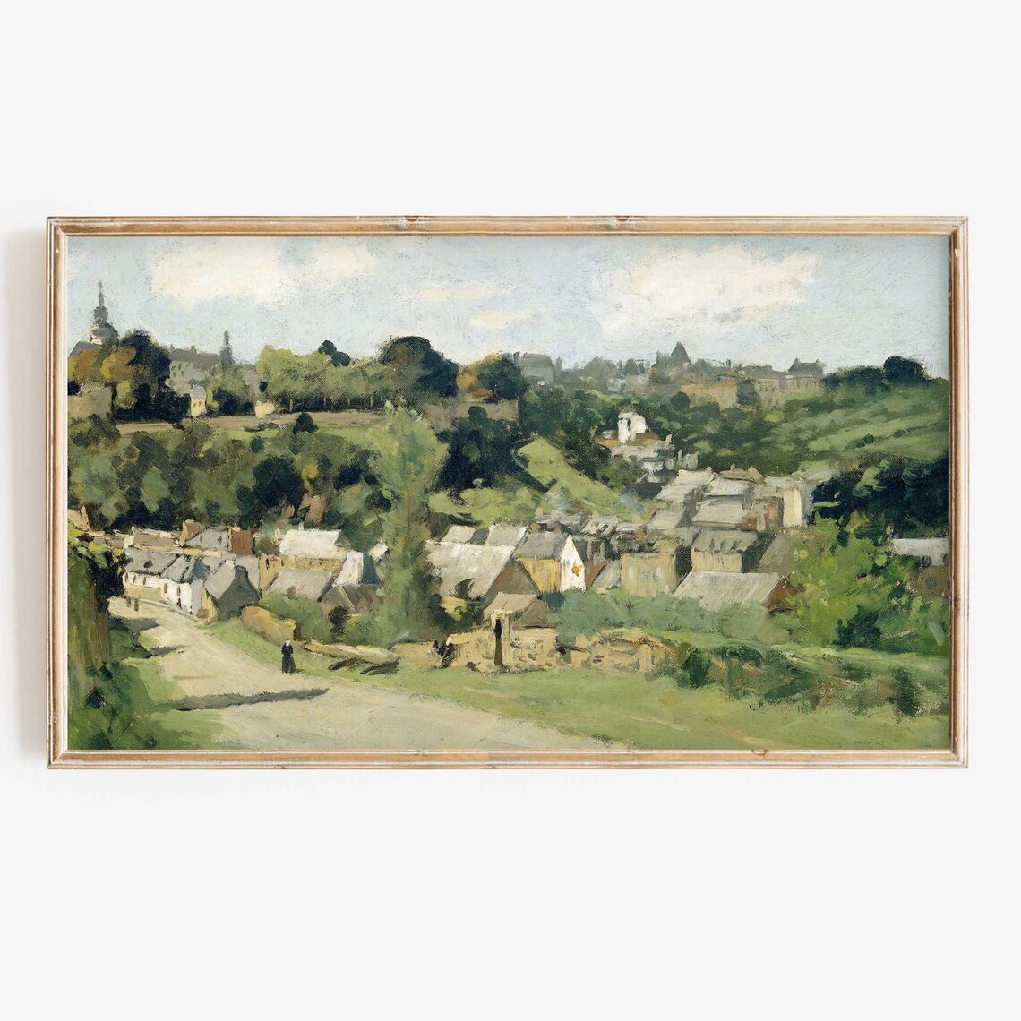 Vintage European Hilltop Village Landscape Cozy Oil Painting Poster