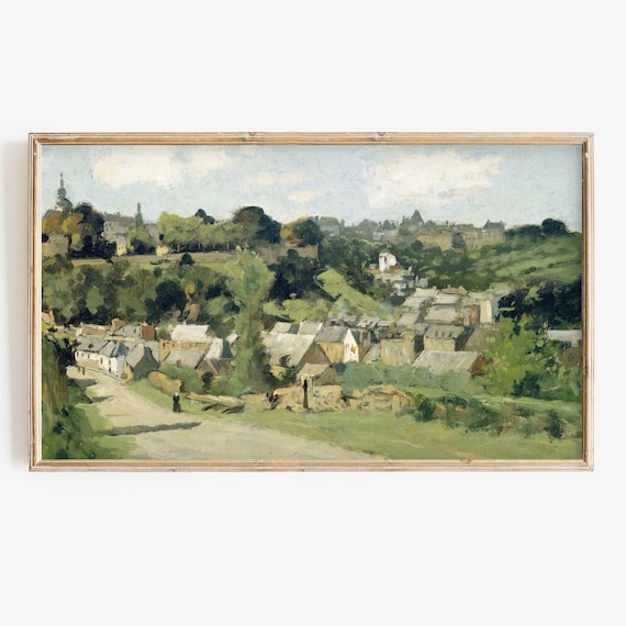 Vintage European Hilltop Village Landscape Cozy Oil Painting Poster