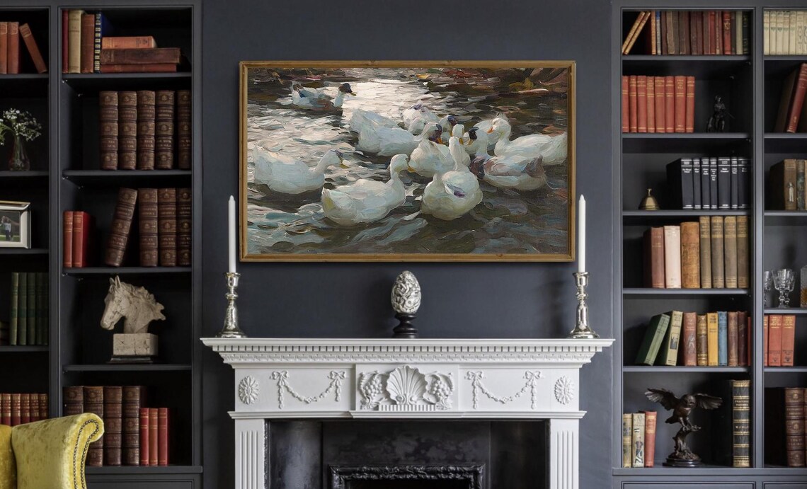 White Ducks On Shimmering Pond Vintage Oil Painting Moody Poster - Image 2