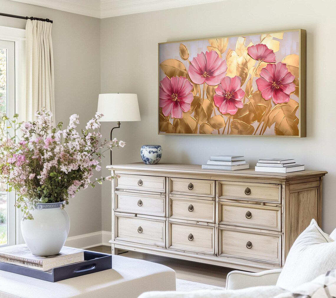 Pink Cosmos Flowers Gold Leaves Metallic Floral Painting Poster - Image 4