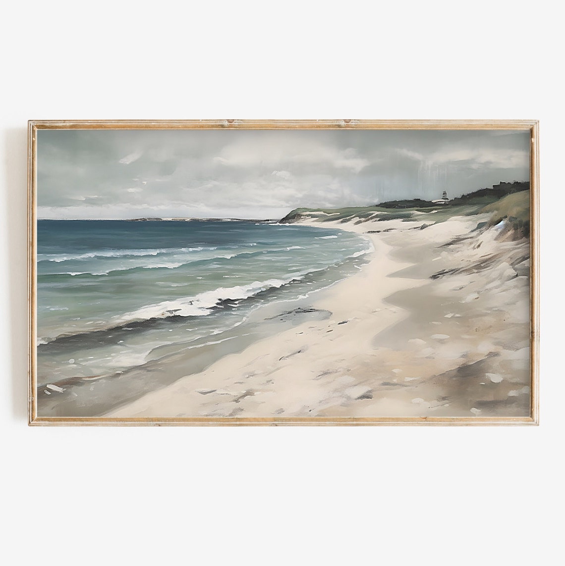 Foggy Beach With Dunes And Lighthouse Muted Blue Gray Coastal Poster