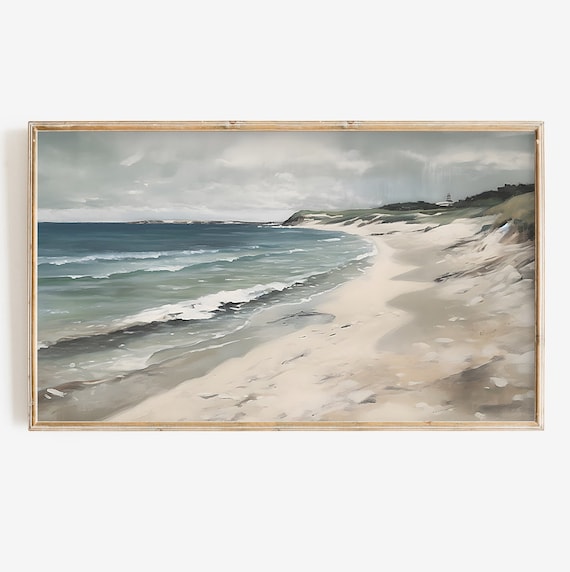 Foggy Beach With Dunes And Lighthouse Muted Blue Gray Coastal Poster