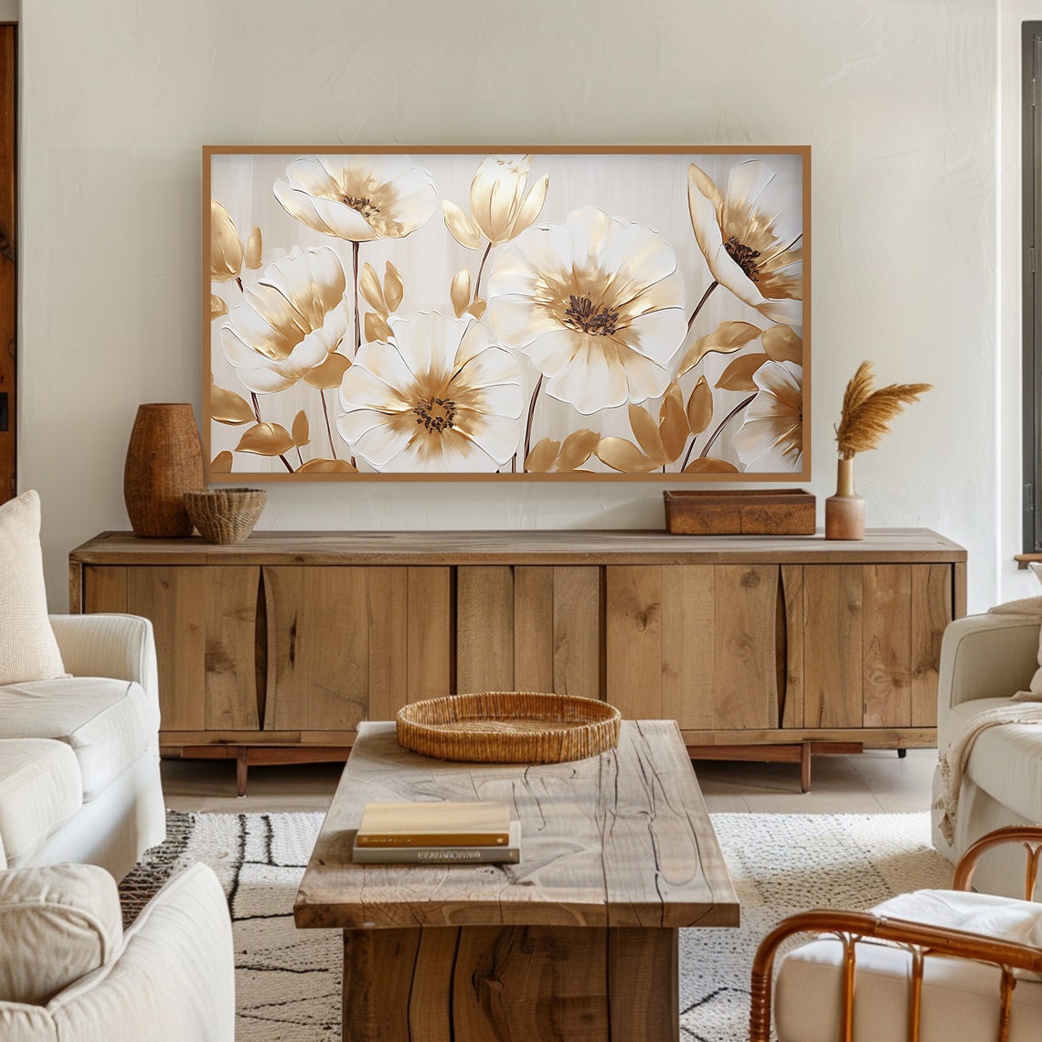 White Gold Metallic Flowers Elegant Neutral Floral Painting Poster - Image 4