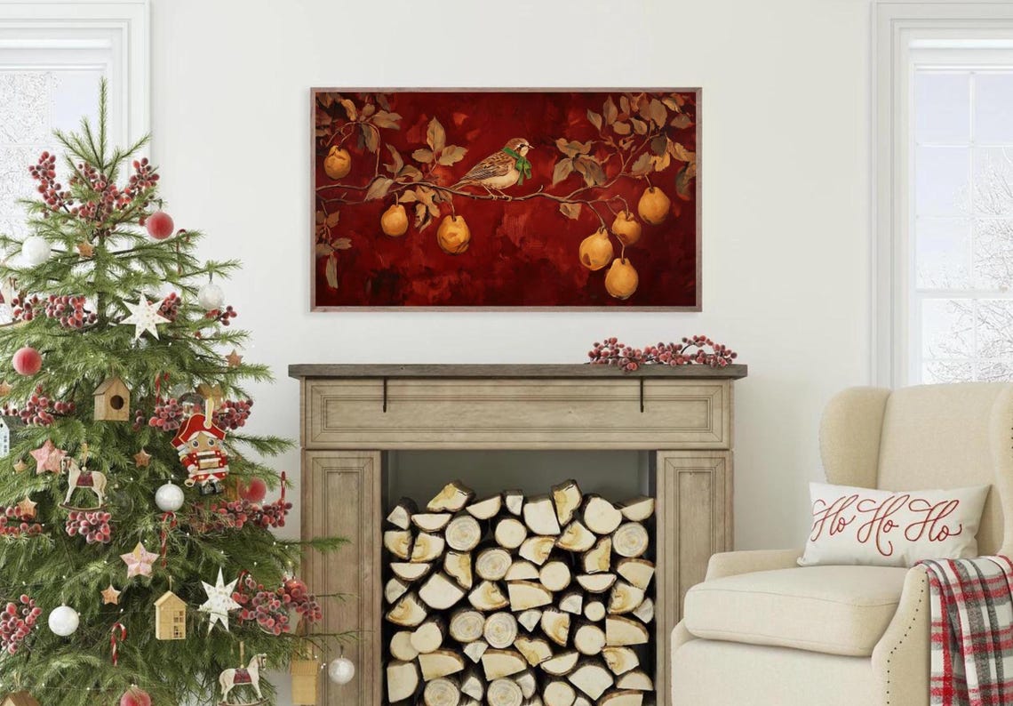 Partridge in Pear Tree Bird Botanical Moody Red Christmas Poster - Image 2