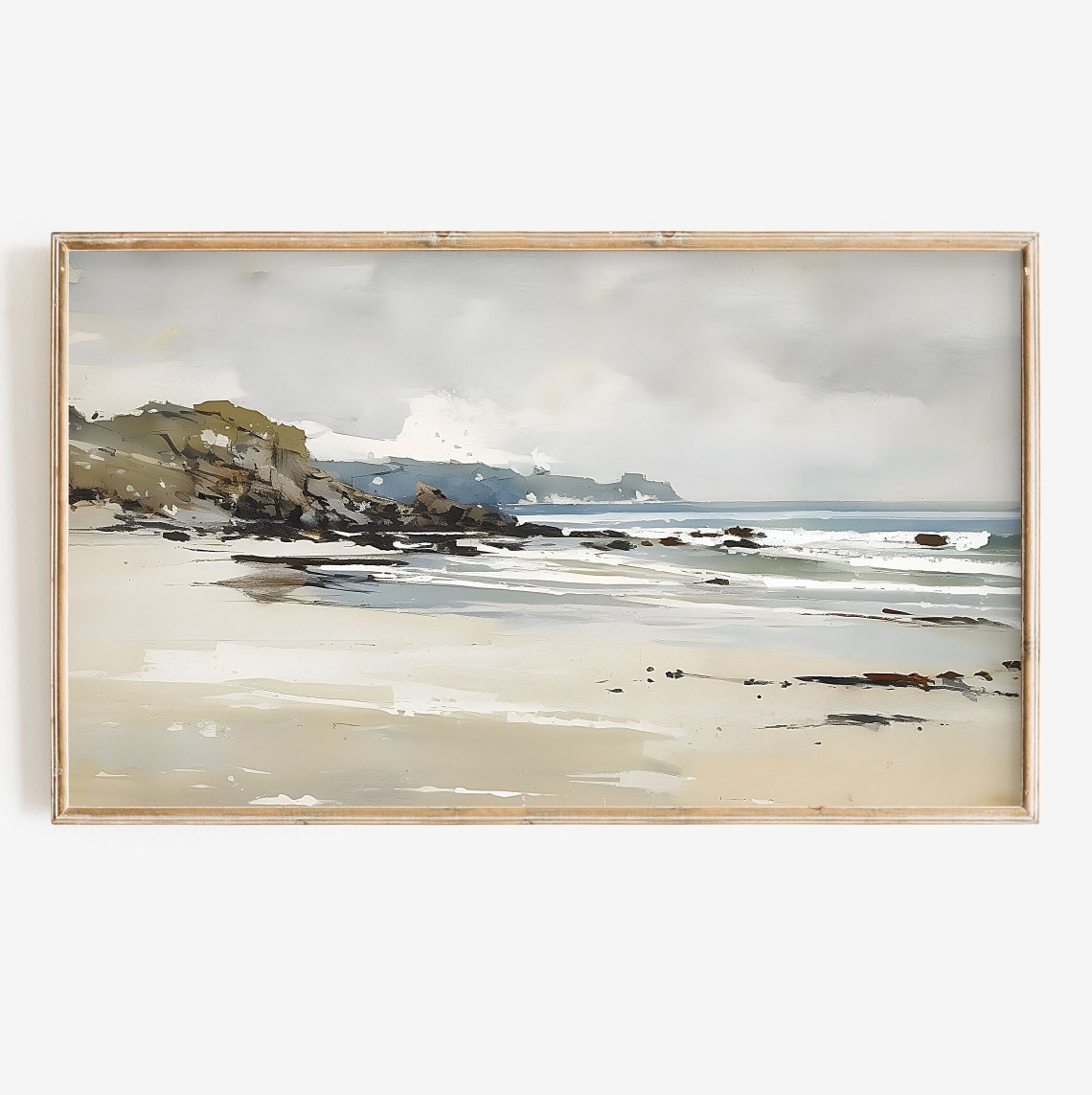Soft Neutral Beach With Cliffs And Distant Headland Coastal Wall Art