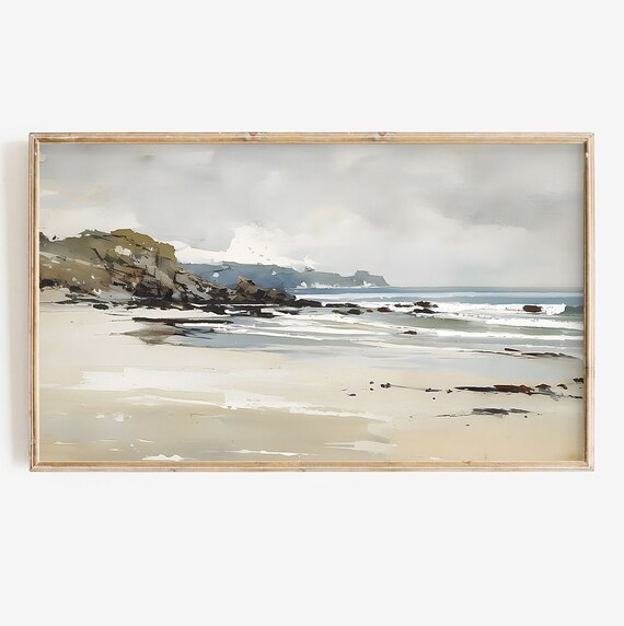 Soft Neutral Beach With Cliffs And Distant Headland Coastal Wall Art