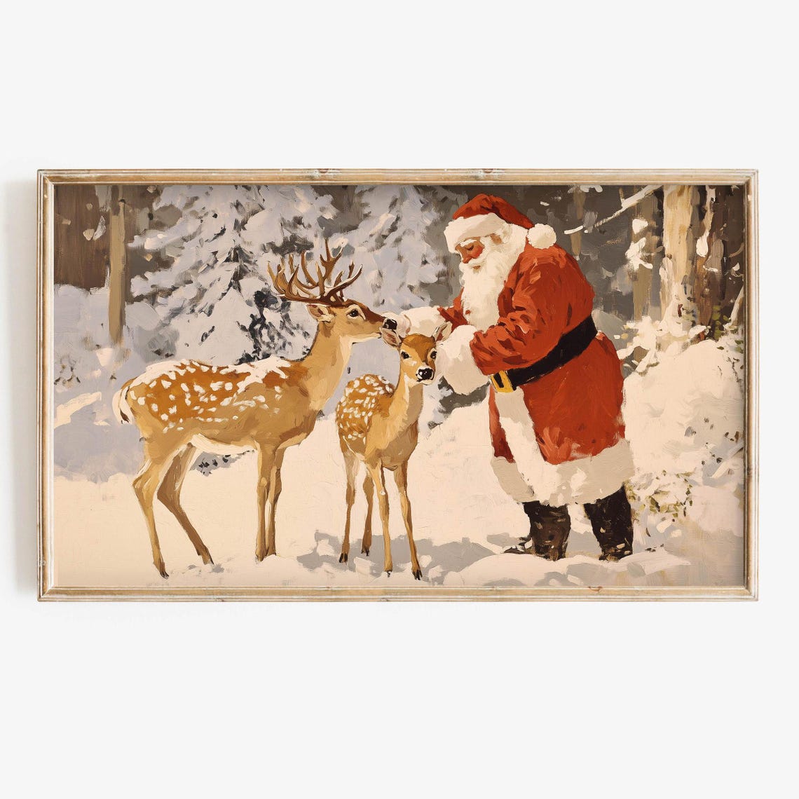 Vintage Santa Claus Feeding Deer Snowy Forest Christmas Scene Poster