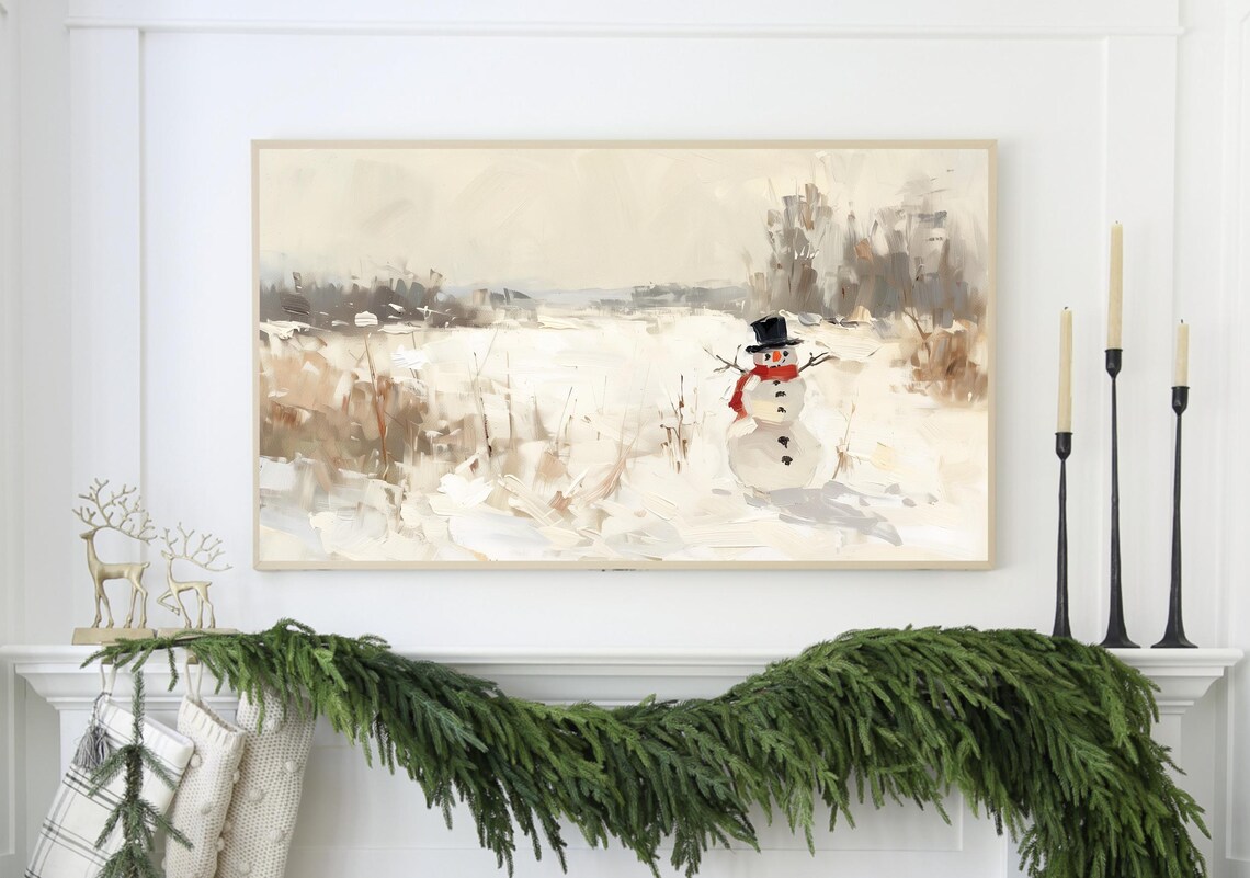Minimalist Snowman Neutral Beige Winter Field Vintage Style Poster - Image 2