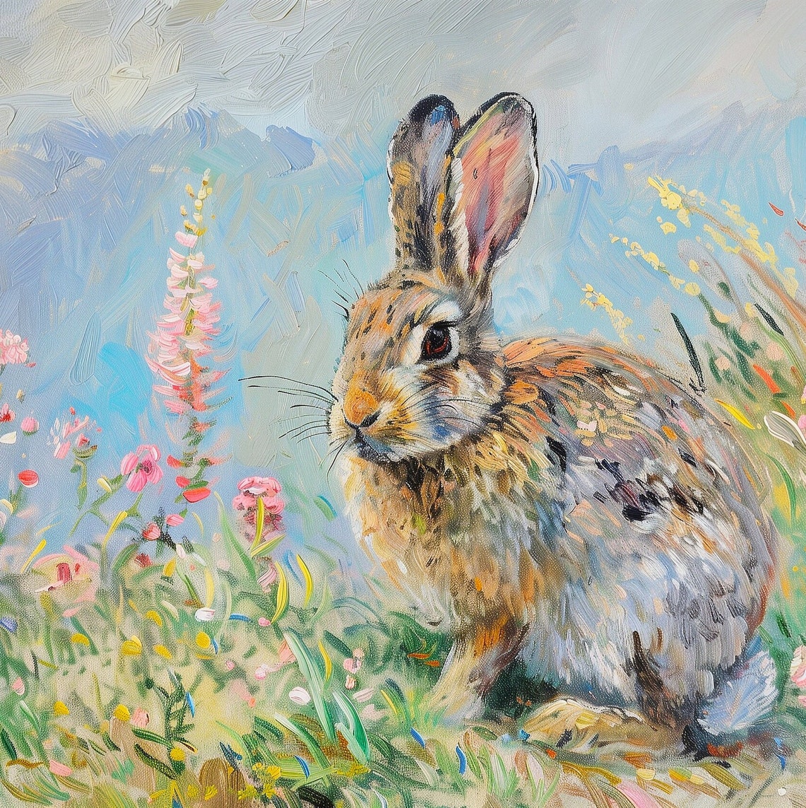 Colorful Bunny In Wildflower Meadow Impressionist Rabbit Art Poster - Image 4