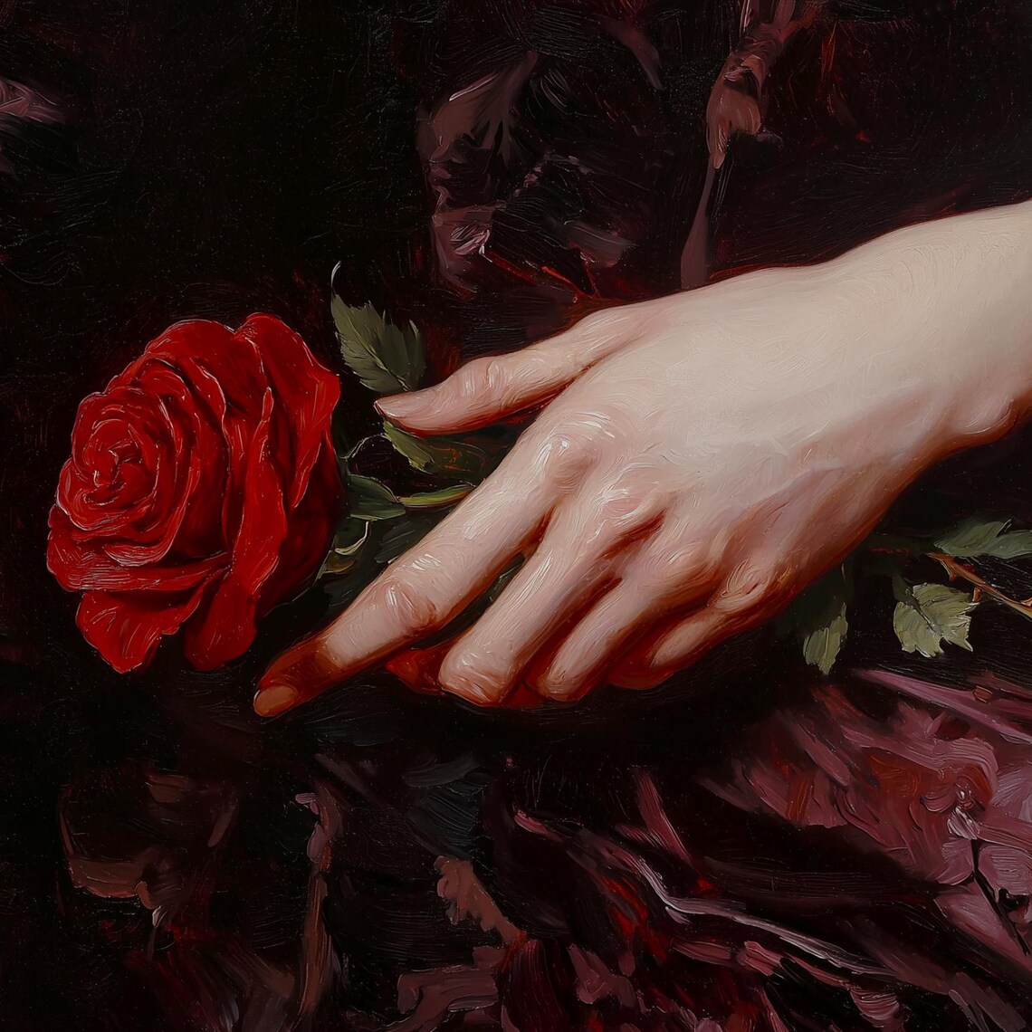 Hand Holding Red Rose On Dark Ground Moody Vintage Rose Art Poster - Image 2