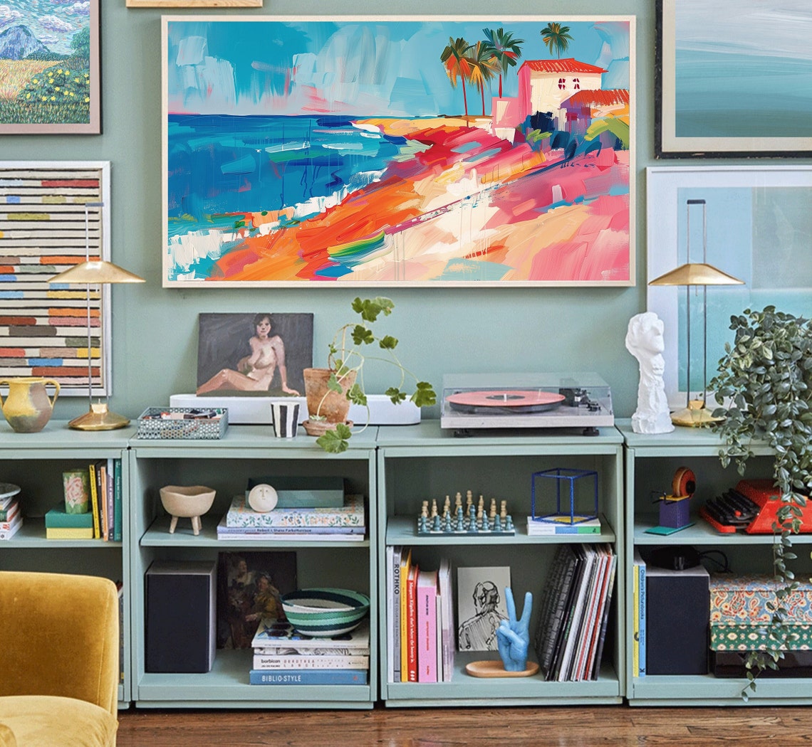 Tropical Beach House Palm Trees Colorful Textured Seascape Poster - Image 5
