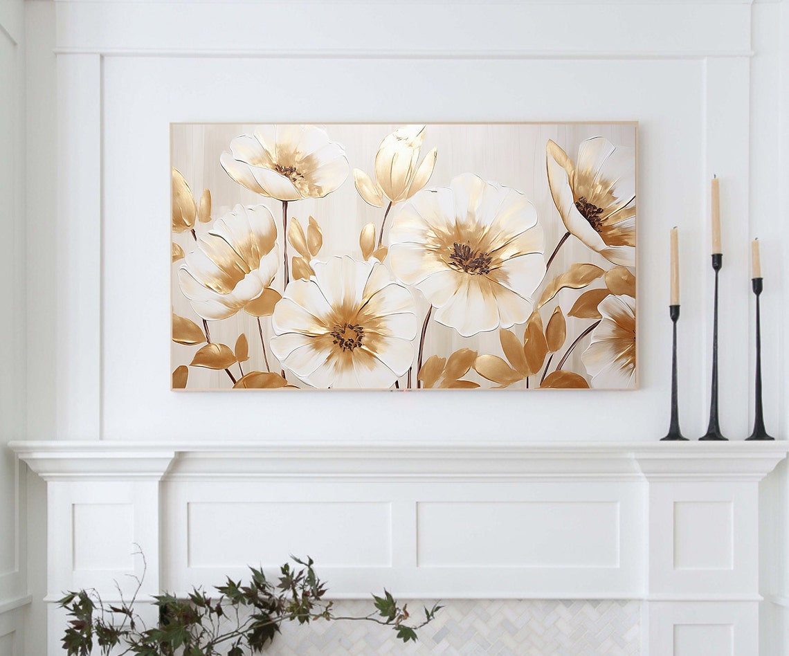 White Gold Metallic Flowers Elegant Neutral Floral Painting Poster - Image 3