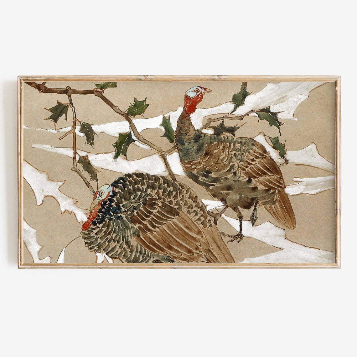 Two Turkeys Holly Branches Snow Vintage Thanksgiving Art Poster