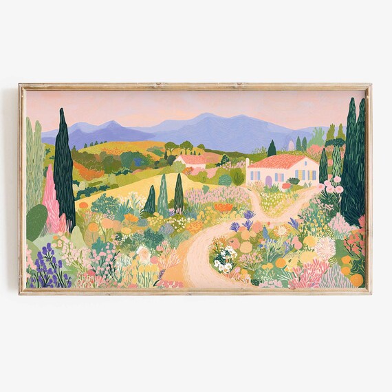 Countryside Cottage Wildflower Fields Blush Pink Hills Landscape Poster