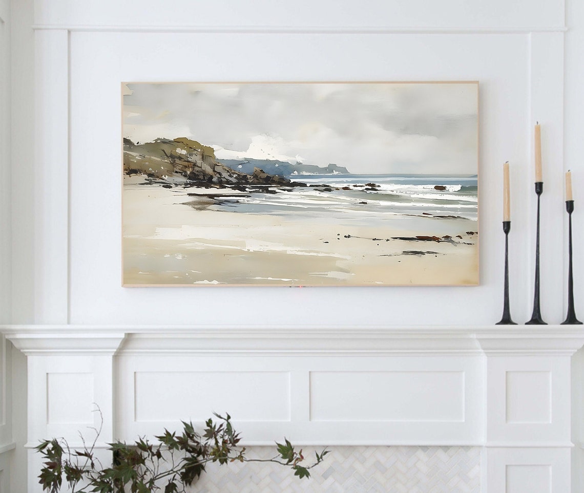 Soft Neutral Beach With Cliffs And Distant Headland Coastal Wall Art - Image 3