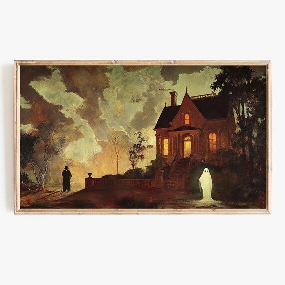 Spooky Victorian House Ghost Steps Eerie Dusk Oil Painting Poster