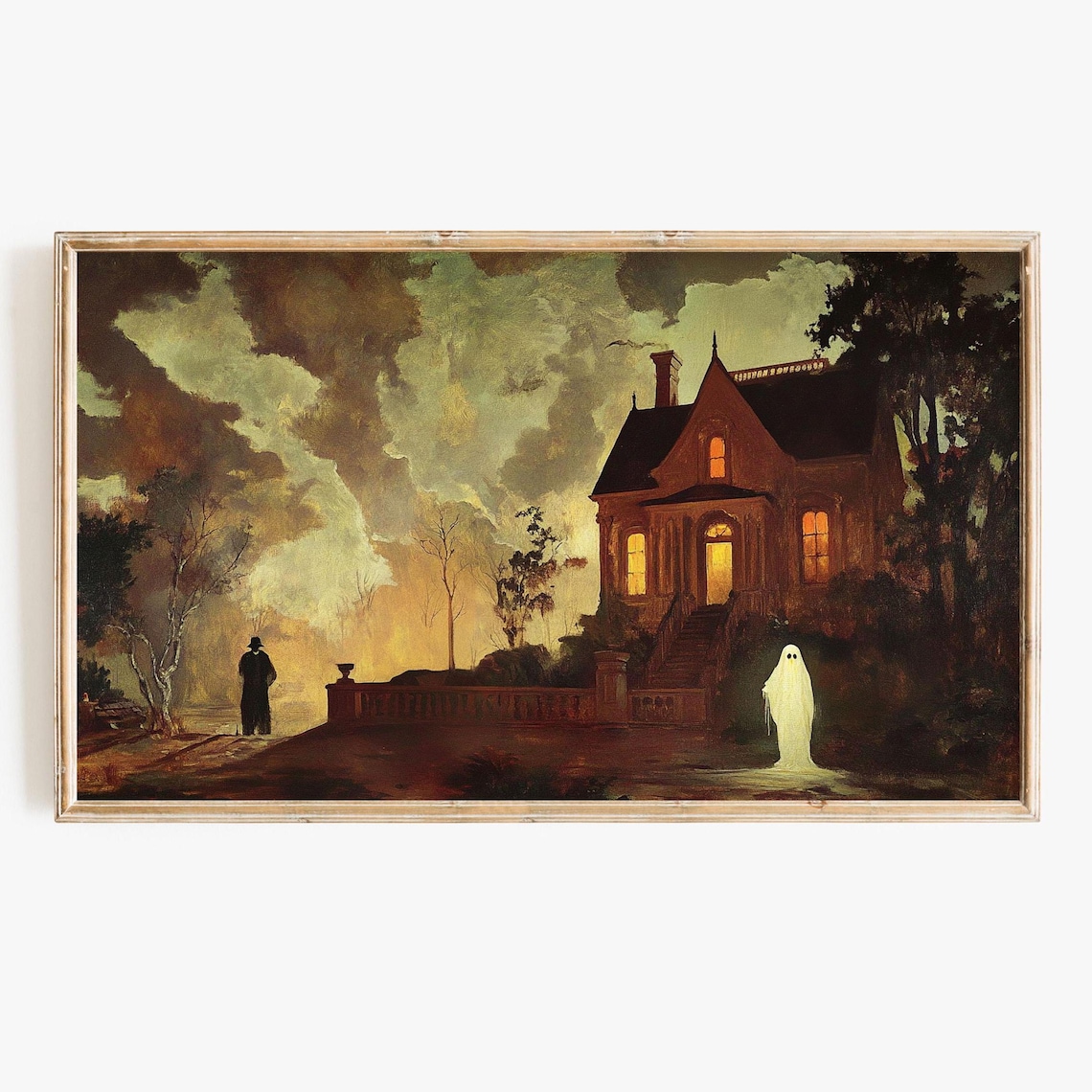 Spooky Victorian House Ghost Steps Eerie Dusk Oil Painting Poster