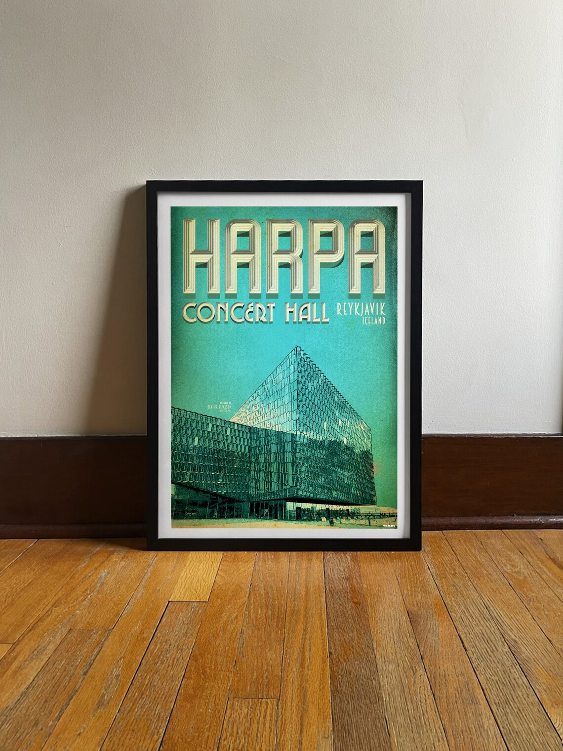 Harpa Concert Hall Reykjavik Iceland Glass Facade Vintage Travel Poster