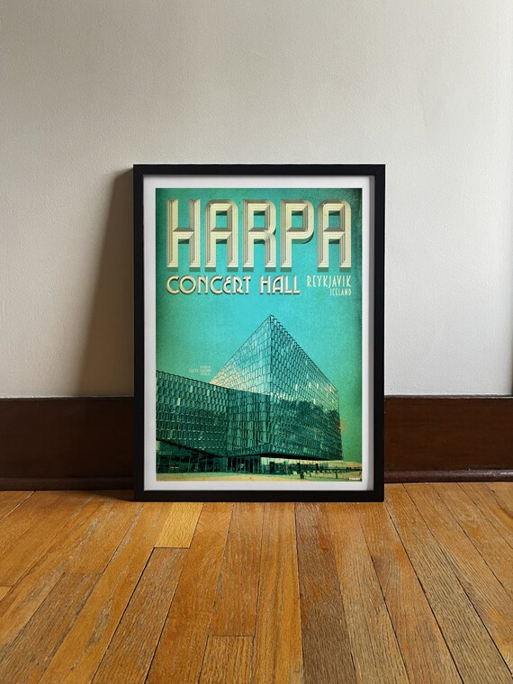 Harpa Concert Hall Reykjavik Iceland Glass Facade Vintage Travel Poster