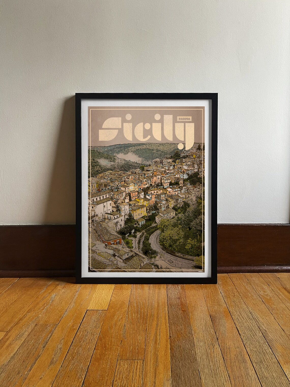 Sicily Ragusa Italy Baroque Hill Town Retro Vintage Travel Poster